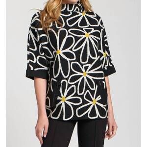 NEW APNY whimsical floral sweater with contrast cuffs and pockets in black/white